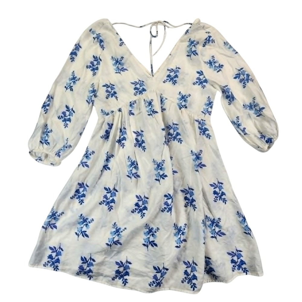 H&M Floral Mini Dress Women White Blue Cottagecore Boho Coastal Summer Small - Picture 2 of 5